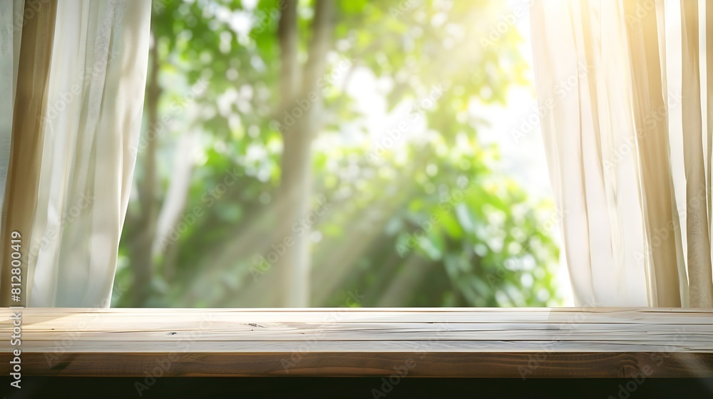 selective focusEmpty of wood table top on blur of curtain window and abstract green from garden with sunlight For montage product display or design key visual layout : Generative AI selective focusEmpty of wood table top on blur of curtain window and abstract green from garden with sunlight For montage product display or design key visual layout : Generative AI