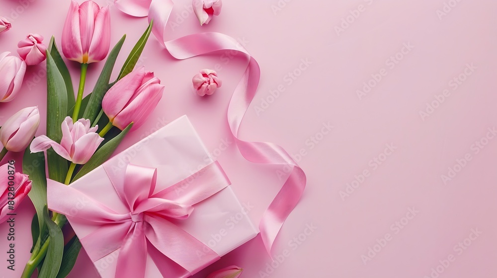 Mothers Day celebration concept Top view photo of giftbox with ribbon bow and bouquet of pink tulips on isolated pastel pink background with copyspace : Generative AI Mothers Day celebration concept Top view photo of giftbox with ribbon bow and bouquet of pink tulips on isolated pastel pink background with copyspace : Generative AI