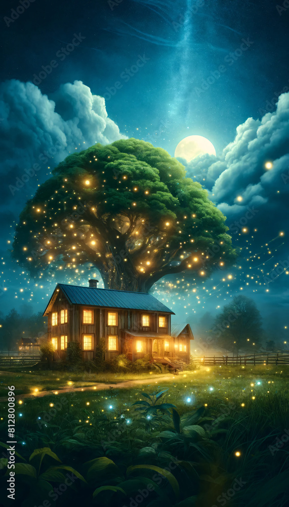A vertical fantasy artwork depicting a nighttime rural scene. The scene features a large, majestic tree with lush foliage illuminated