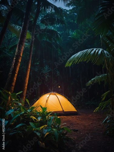 Night s Embrace  Tent in Tropical Forest  Rainfall Serenading a Quiet Retreat  Perfect for Relaxing Camping.