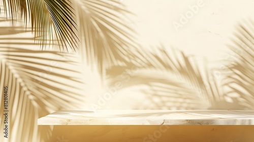 Tropical palm tree shadow on cream wall and luxury marble table for product placement Natural layout design background Abstract summer light cosmetic stand mockup : Generative AI