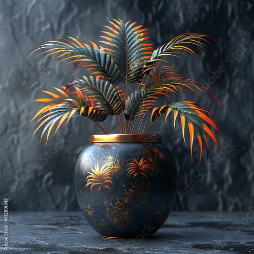 Pot with palm leaves on a dark background ing, high quality, high resolution photo
