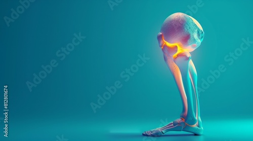 Model of a human knee joint on a blue background. Inflamed knee treatment, pain. Copy space for text, close-up photo
