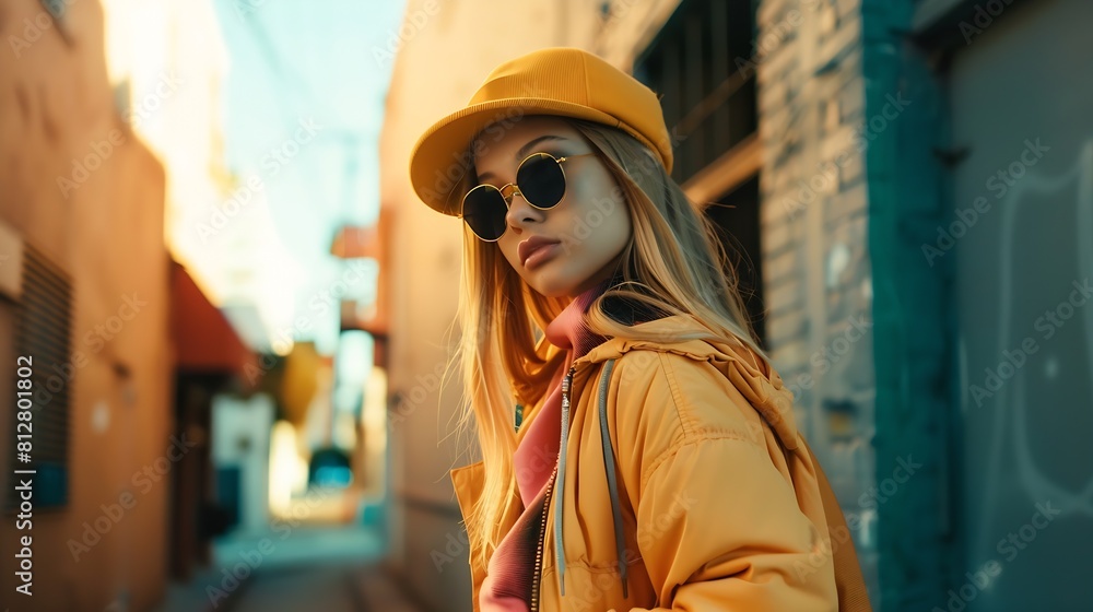 Obraz premium fashionista girl standing in the backstreet of Los Angeles : Generative AI
