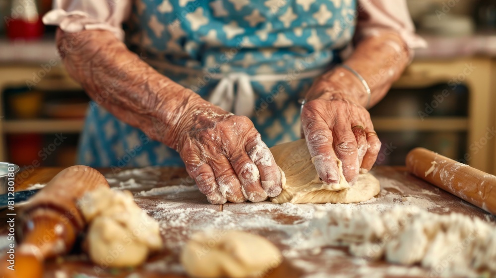 An Elderly Woman Prepares Dough