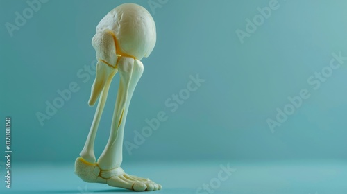 Model of a human knee joint on a blue background. Inflamed knee treatment, pain. Copy space for text, close-up photo