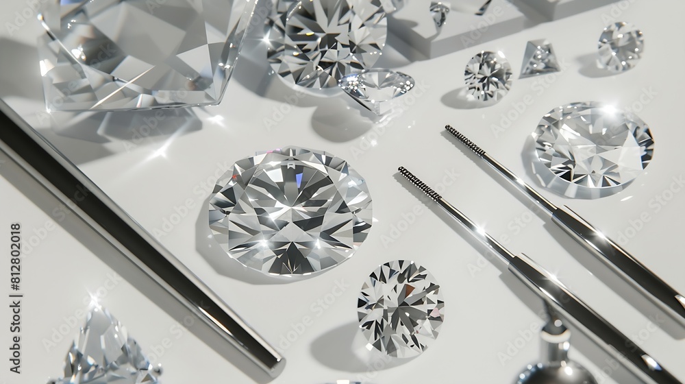 layout of jewelry tools and diamonds of different cuts and sizes on ...