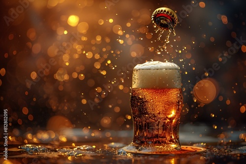 Beer splashing into a glass on a dark background with bokeh photo