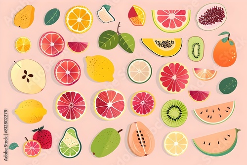 Assortment of Vibrant Fruit Slices in Flat Design with Minimal Trendy Aesthetic