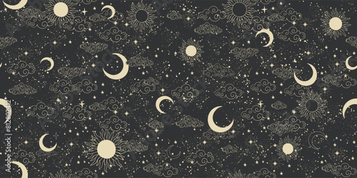 Seamless celestial pattern with sun, moon and stars on black background, mystical astrological background, horoscope vector ornament. Zodiac banner, fabric ornament, wrapping paper. © Tanya