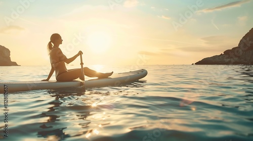 Young beautiful woman relaxing in the sea on a SUP board The girl sunbathes on the beach of the island on vacation   Generative AI