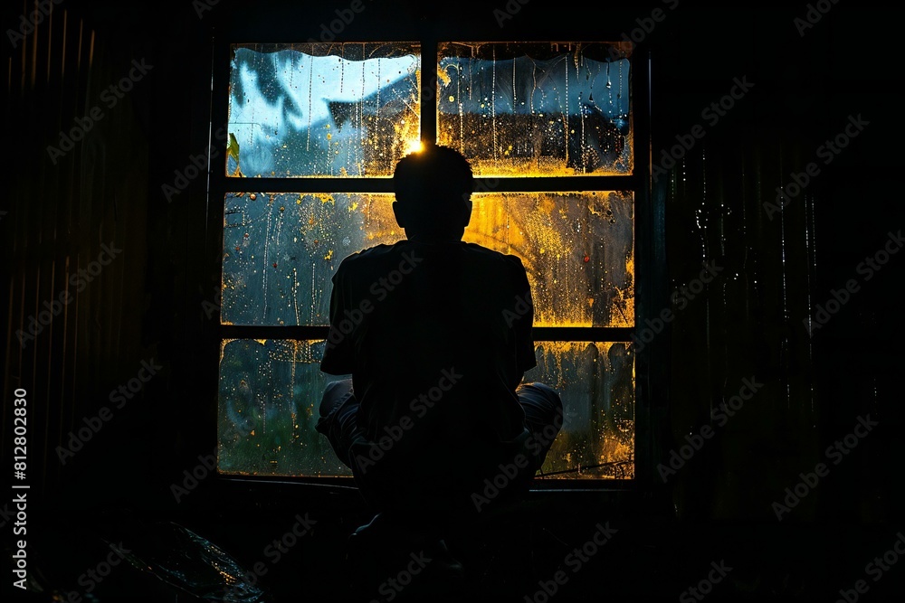 Digital artwork of man sitting at a window in the dark, high quality, high resolution