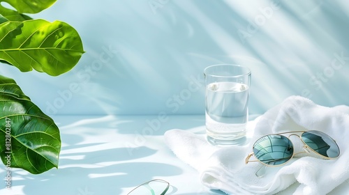 Summer vacation background concept with sunglasses towel glass of cool water and green leaves Space for cosmetic product mockup Product and promotion concept for advertising : Generative AI