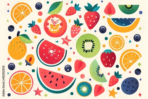 Assorted Fresh Vibrant Colorful Fruits and Berries in Flat Minimalist Design