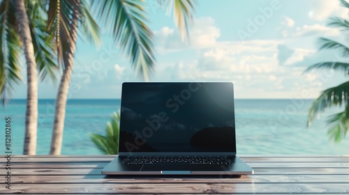 Open laptop with black screen  on wooden table work space outdoors with amazing view on the ocean Laptop on sea view backdrop   Generative AI