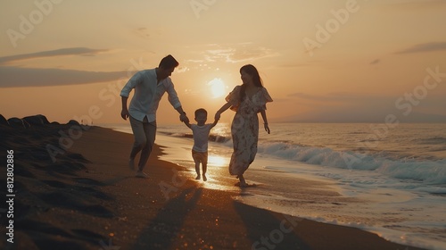 Happy family father mother baby son hold hands and run with fun along edge of sunset sea on black sand beach Active parents and people outdoor activity on tropical summer vacations wi : Generative AI