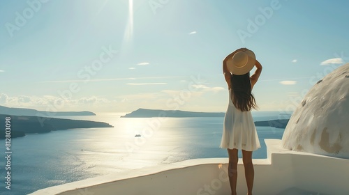 Europe Greece Santorini travel vacation Woman looking at view on famous travel destination Elegant young lady living fancy jetset lifestyle wearing dress on holidays Amazing view of se : Generative AI photo