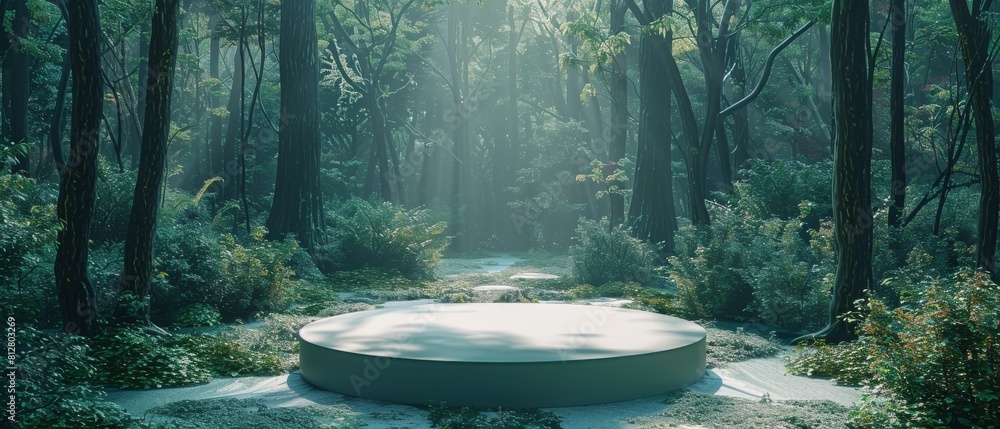 A large, round, green structure is in the middle of a forest A large, round, green structure is in the middle of a forest