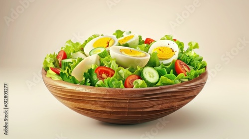 Fresh and colorful salad with eggs, tomatoes, cucumbers and lettuce in a wooden bowl on beige background
