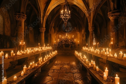 Atmospheric view of a gothic cathedral s interior illuminated by hundreds of candles
