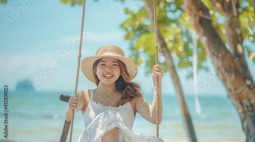 Travel summer vacation concept Happy traveler asian woman with hat and dress relax on swing in beach cafe Koh Chang Thailand : Generative AI