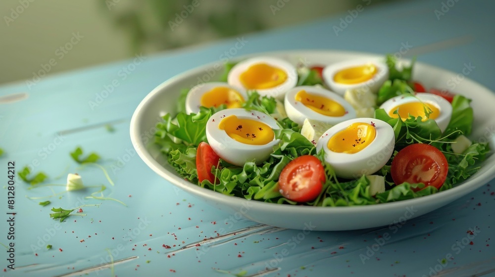 Healthy salad with hard boiled eggs in a bowl on blue table, fresh and delicious meal concept Healthy salad with hard boiled eggs in a bowl on blue table, fresh and delicious meal concept