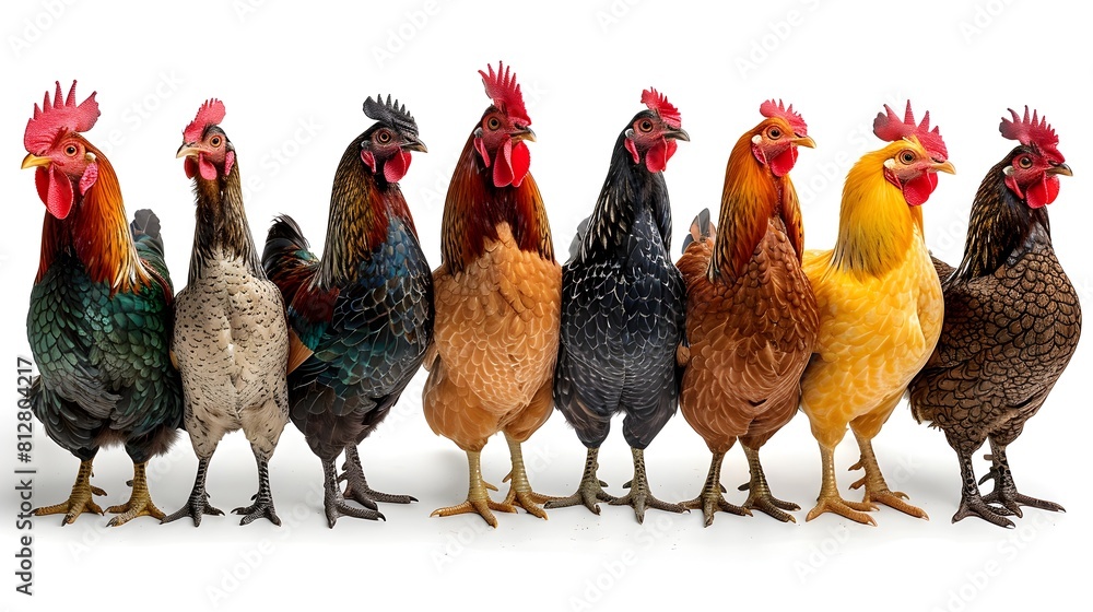 Diverse Flock of Colorful Chickens and Roosters in a Farmyard Setting Diverse Flock of Colorful Chickens and Roosters in a Farmyard Setting