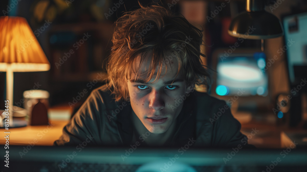 A person with a strained expression looking at a computer screen A person with a strained expression looking at a computer screen