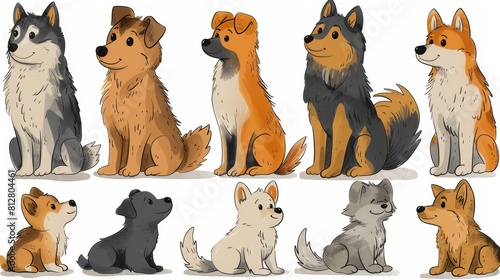 a set of cute dogs in different poses  full body  line art illustration