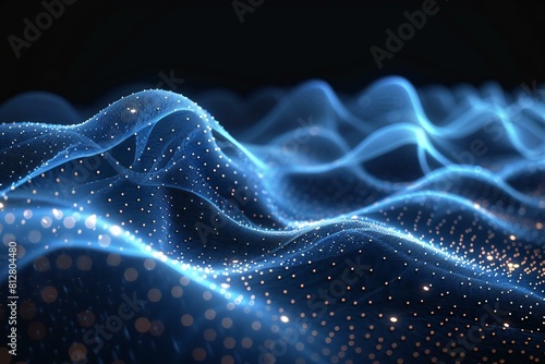 An abstract blue wave with dots on black background