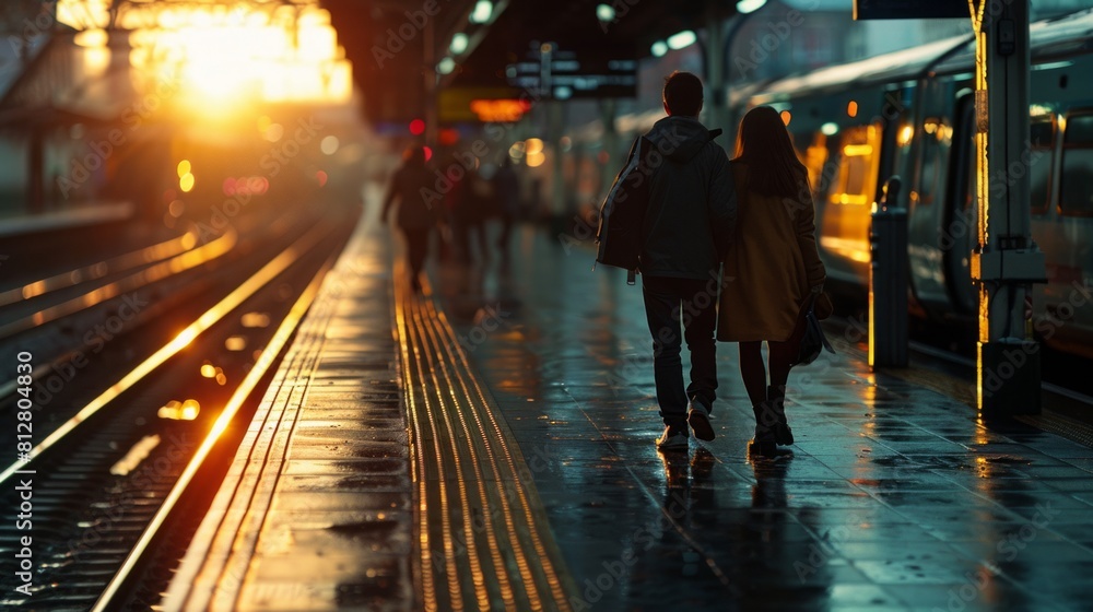 A couple walking on a platform with a train passing by