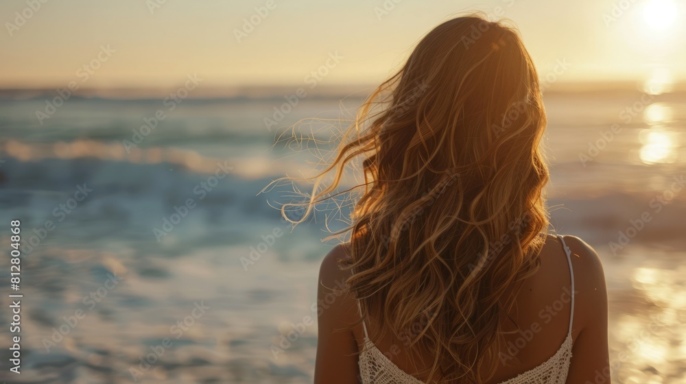 A beautiful woman from behind looking sea A beautiful woman from behind looking sea