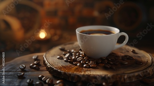 Closeup of a cup of black coffee displayed on a wooden platform with coffee beans and props on a wooden table with a brown background Coffee can help reduce the appearance of cellulite   Generative AI