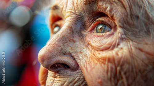 Close-up of an elderly woman's face, highlighting the deep lines and wisdom in her expression