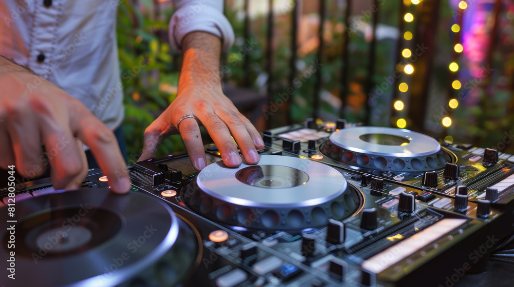Naklejka premium DJ mixing tracks on a console at an outdoor party with colorful lights in the background