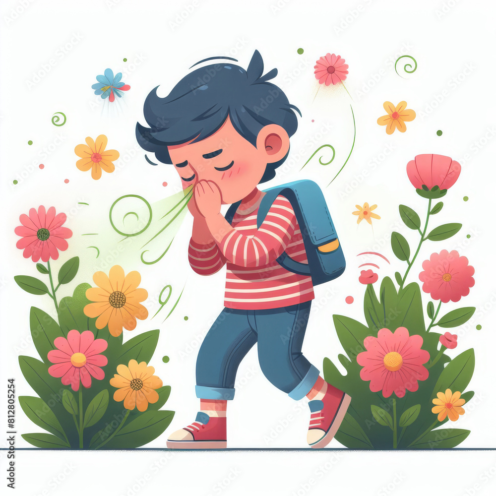 Concept of allergy to flowers. Boy sneezes from plant pollen Concept of allergy to flowers. Boy sneezes from plant pollen
