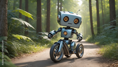 A cute small 3D render robot that is riding a bike in a forest road