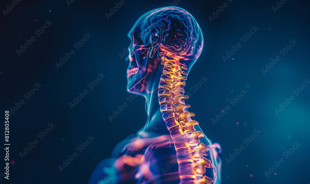 Spinal Red Color X-ray image of the human spine on a blue background. The highlighted ...