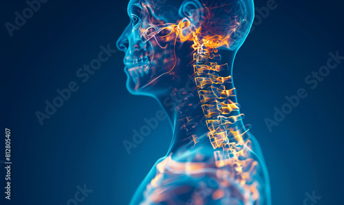 X-ray image of the human spine on a blue background. The highlighted yellow-red color cuts off the cervical spine. Medical examination of spine injuries. photo