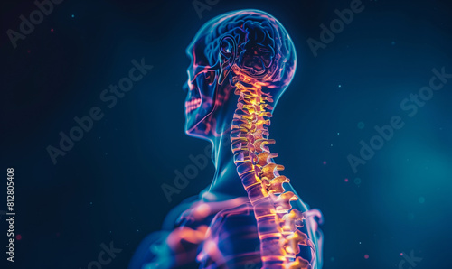 X-ray image of the human spine on a blue background. The highlighted yellow-red color cuts off the cervical spine. Medical examination of spine injuries. photo