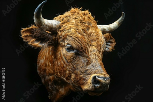 Portrait of a bull on a black background, Studio shooting