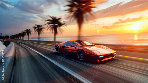 Retro sports car speeding on a coastal road at sunset with palm trees and ocean view