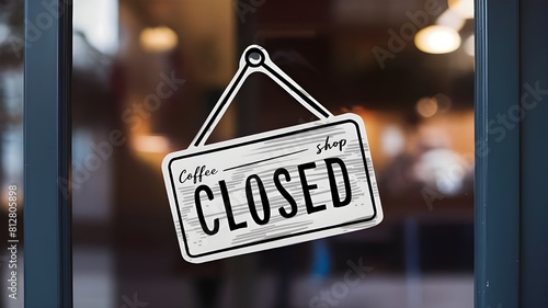 A sign hanging off Coffee shop door,Close sign blur background,Label word close
