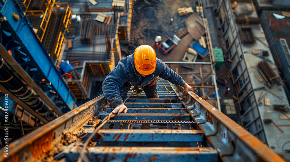 Construction worker focused on climbing a steel ladder high above the city streets, with urban traffic and construction below Construction worker focused on climbing a steel ladder high above the city streets, with urban traffic and construction below