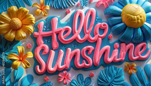 Vibrant 3D Text "Hello Sunshine" with Colorful Flowers and Summer Volleyball Illustration