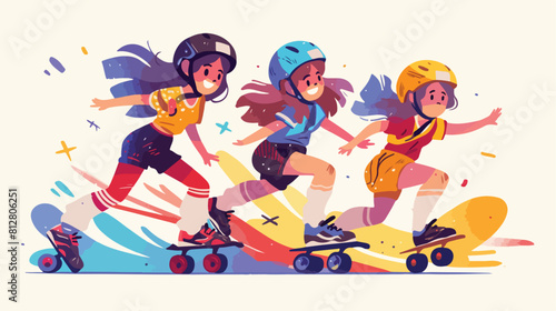 Cartoon girl teen kid child and adult woman roller