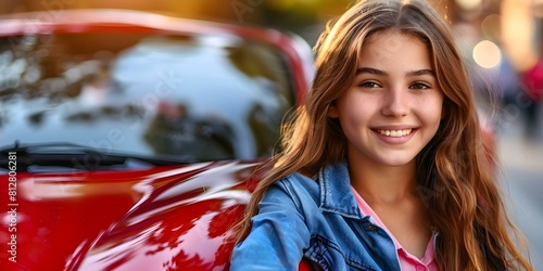Teenage Girl Celebrating Getting Her Driver's License Next to New Car. Concept Smiling Teen, Driver's License, New Car, Celebration, Milestone