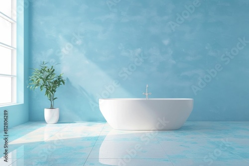 Modern blue bathroom interior with white tub and potted plant in front of it