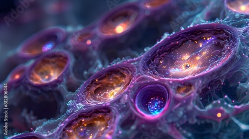 Vivid Microscopic Visualization of Intricate Cellular Structures and Patterns in Vibrant Color description This captivating image showcases the photo