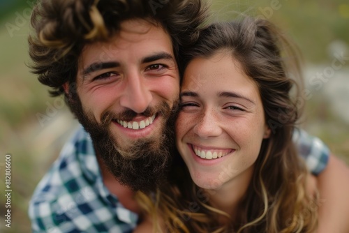 Closeup portrait of a happy smiling couple with natural background